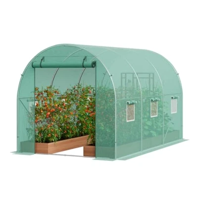 Image of VEVOR Walk in Tunnel Greenhouse, 9.6x6.4x6.2 ft Hoop House Greenhouse Tunnel, Plant Hot with Galvanized Steel Frame, Green PE Cover, Roll up Zipper Door and 6 Windows for Outdoor