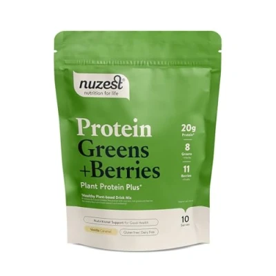 Image of Nuzest Protein Greens + Berries Superfood Powder Plant Blend Vanilla Caramel, 300g (10 Servings)