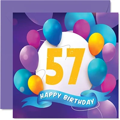 Image of 57th Birthday Card for Men Women Balloon Party Happy Cards 57 Year Old Man Woman Mum Dad Auntie Uncle Grandad Nan Grandma Brother Sister, 145mm x Bday Greeting Gift