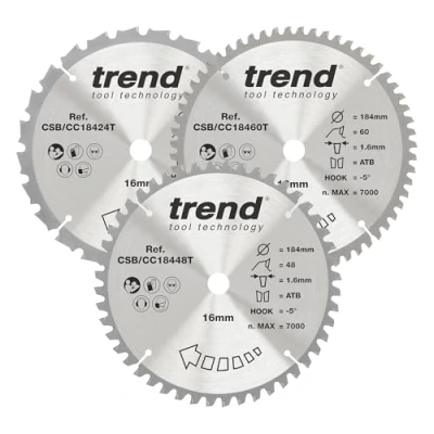 Image of Trend Wood Cordless Mitre Saw Blades, 184mm Diameter, 16mm Bore, 24, 48 &amp; 60 Teeth, TCT, 1.6mm Kerf, CSB/CC184/3PK