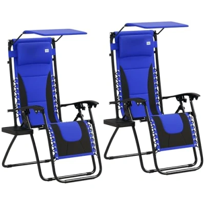 Image of Outsunny Zero Gravity Lounger Chair Set of 2, Folding Reclining Patio with Shade Cover, Cup Holder, Soft Cushion and Headrest for Poolside, Camping, Blue