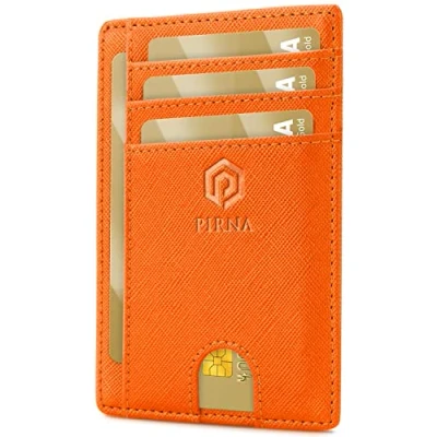Image of PIRNA Slim Wallet for Men &amp; Women RFID Blocking Minimalist Credit Card Holder Thin Lightweight with Gift Box (Orange)