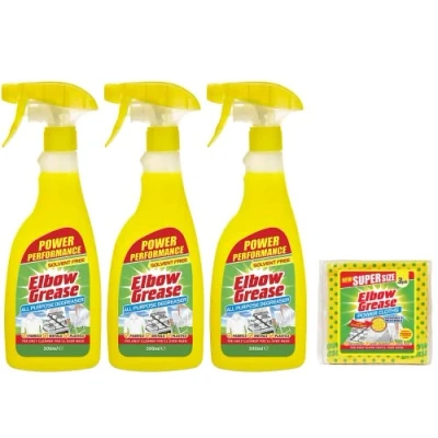 Image of 3X Elbow Grease All purpose Degreaser Spray 500 ml Effective Cleaner Formula for Kitchen, Fabric, and Metallic Surfaces with 1 Pack of Power Cloth