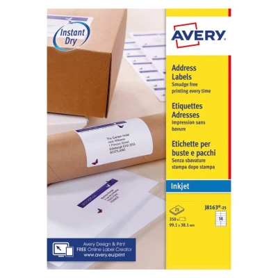 Image of Avery Printable, Customisable Address Mailing Labels, Inkjet Printers, 14 Labels per A4 Sheet, 350 Quickdry (J8163) White
