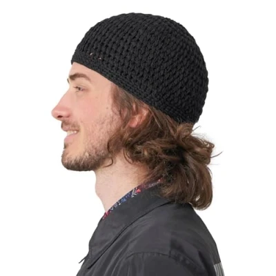 Image of Casualbox Mens Cotton Hand Woven Skull Cap Beanie Hat Unisex Head Black(Size: One Size)