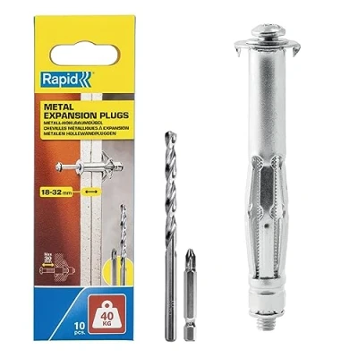 Image of Rapid Hollow Wall Anchors, Pack of 10 Heavy Duty Metal Plasterboard Fixings for 18 32 mm Thickness, 40 kg Load, Cavity Fixings, Plugs, &amp; Chipboard Plugs (5001551)