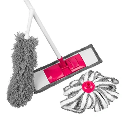 Image of Kleeneze KL065957EU 4 Piece Cleaning Set, Includes Flat Mop, Microfibre Duster, Mop Head and Interchangeable Handle, Compact Design, Grey/Pink