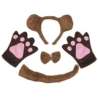 Image of Petitebelle Bear Headband Bowtie Tail Gloves 4pc Adult Costume (Brown/Long Tail, One Size)