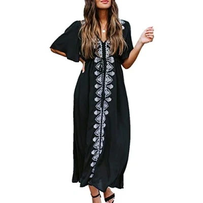 Image of YouKD Summer Cotton Embroidered Floral Long Kaftan Bohemian Beach Swimsuit Cover Up Maxi Dress for Women Black