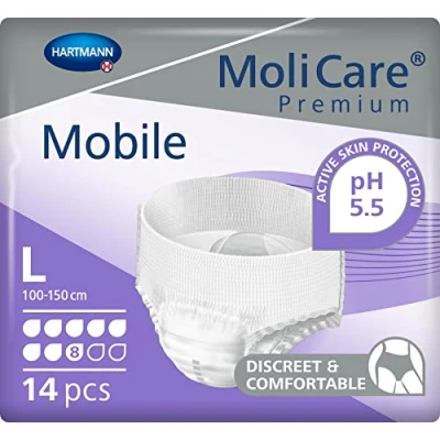 Image of MoliCare Premium Mobile Disposable Underpants: Discreet Usage for Woman and Men with Incontinence; 8 Drops, Size L, Pack of 14