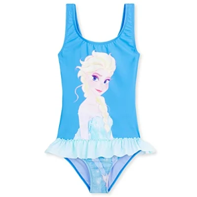 Image of Disney Girls One Piece Swimming Costume, Comfortable Stretchy Swimsuit Gifts (Blue Elsa, 7 8 Years)