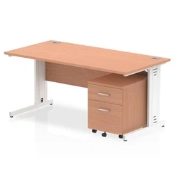 Image of Impulse 1600x800mm Desk Beech Top White Cable Managed Leg+ Mobile Ped