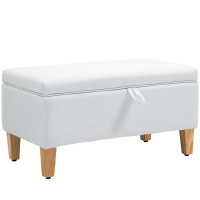 Image of HOMCOM Linen Storage Ottoman Padded Footstool with Rubberwood Legs for Box, Bed End, Shoe Bench, Seating, Cream White