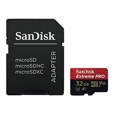 Image of SanDisk Extreme Pro 32 GB microSDHC Memory Card + SD Adapter with A1 App Performance Rescue Deluxe 100 MB/s Class 10, UHS I, U3, V30 SDSQXCG 032G GN6MA, Red/Gold