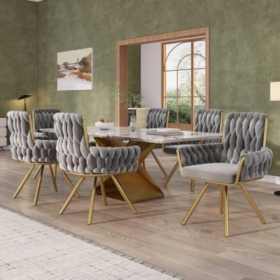 Image of ModernLuxe Dining Chairs Set of 6, 360 Swivel Chairs, Light Luxury Kitchen with Raised Backrest and Metal Support Legs, Velvet for Living Room Vanity, Grey