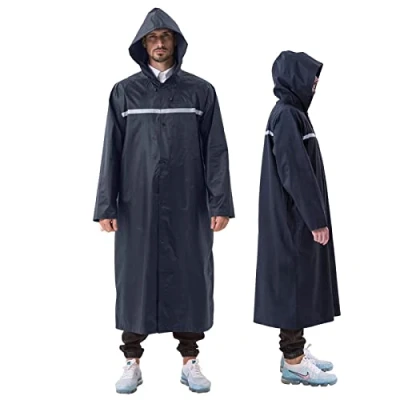 Image of ioutdoor Mens Raincoat Long Rain Mac Women Waterproof with Drawstring Hood,Reflective Coats for Rainy Camping Hiking Fishing (UK, Alpha, XXL, Regular, Navy)