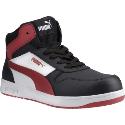 Image of PUMA Safety Frontcourse Mid S3 ESD FO HRO SR Unisex Shoes Non Slip Metal Free Fibreglass Cap, Black / White Red, 9 UK