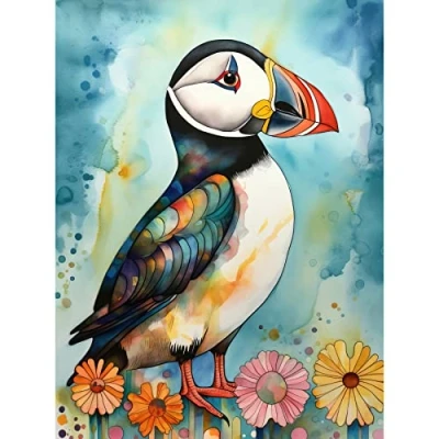 Image of Artery8 Puffin Bird With Flowers Folk Art Unframed Wall Print Poster Home Decor Premium