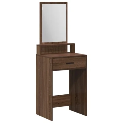 Image of vidaXL Brown Oak Solid Wood Dressing Table Set Bedroom Vanity with Mirror 140x50x41 cm Compact Makeup Desk for Small Spaces