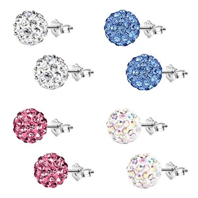 Image of 4 Pairs Stud Earrings 925 Sterling Silver Sparkly Crystal Ball Ear Studs 8mm for Women Girls