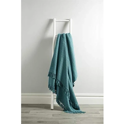 Image of Olivia Rocco Lisbon Throw 100% Cotton Plain Honeycomb Sofa Bed Chair Cover Throws Tasselled Decorative Blanket, 178 x 254 cm (70&quot; 100&quot;) Teal