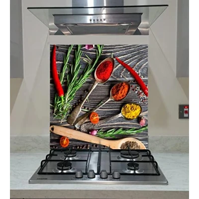 Image of Splash back, Tempered Glass Panel Kitchen, Spices on the Gray Background, Any Size, Va Art (wide 60 x height 75 /cm)