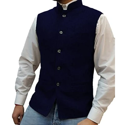 Image of Solovedress Mens Vintage Suit Vest Zhongshan High Collar Tweed Waistcoat for Men Groosmens (Dark Navy Blue,S)