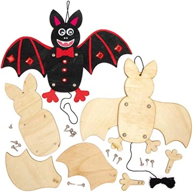 Image of Baker Ross AX195 Halloween Bat Wooden Puppet Craft Kits Pack of 4, Childrens Woodcraft Painting, Make Your Own, Crafts for Kids