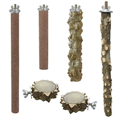 Image of Allazone 6 PCS Natural Wood Bird Perch Stand Toys, Paw Grinding Stick Parrot Perches and Swing Chewing, Toys Suitable for Small Parakeets