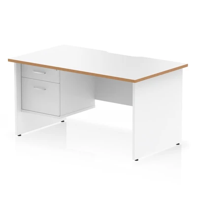 Image of Oslo 1400 x 800mm Edge Office Desk White Top Natural Wood Panel End Leg Workstation 1 2 Drawer Fixed Pedestal