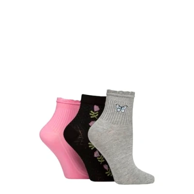 Image of Women&#039;s 3 Pair SOCKSHOP Frill Welt Ribbed Bamboo Anklet Socks Butterfly 4 8