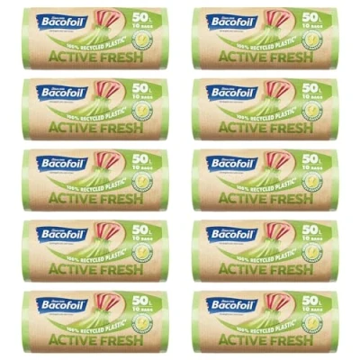 Image of Bacofoil Active Fresh Bin Liners with Drawstring Handles 50L Leak Proof Bag a Citrus Fragrance to Prevent Odours (10 Rolls, 100 Bags)…