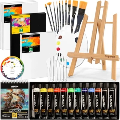 Image of VISWIN 50 Pcs Acrylic Paint Set with Wooden Easel, Painting 12 Colors Paints, Stretched Canvas, Panels, Brushes, Palette, Kit for Adults, Beginners, Artists