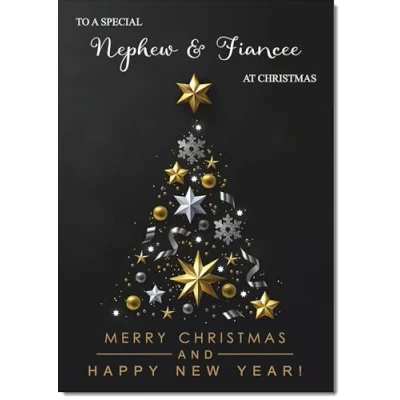 Image of doodlecards Nephew &amp; Fiancee Christmas Card Black Abstract Tree Medium Size with Plain Red Envelope, 21 x 15cm