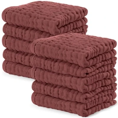 Image of Baby Washcloths, Muslin Cotton Towels, Large 10x10 Wash Cloths Soft on Sensitive Skin, Absorbent for Boys &amp; Girls, Newborn Toddlers Registry Gift (Wine, 10 Pack, 25 X CM)