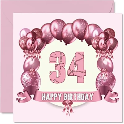 Image of Fun 34th Birthday Cards for Woman Balloons Happy Card Dad Mum Son Daughter Brother Sister Uncle Auntie Cousin, 145mm x Greeting Cards,