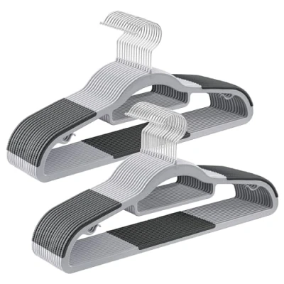 Image of SONGMICS Pack of 30 Plastic Clothes Hangers, Non Slip Space Saving, Thickness 0.5 cm, Length 42 360 Hook, Metallic Grey, Light and Dark Grey CRP20G30