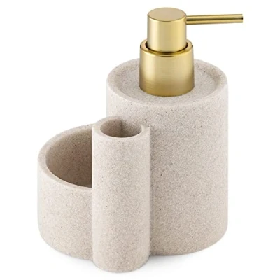 Image of Navaris Kitchen Soap Dispenser Caddy Washing Up Liquid with Sponge Tray and Brush Holder Refillable Pump for Countertop Beige/Brass