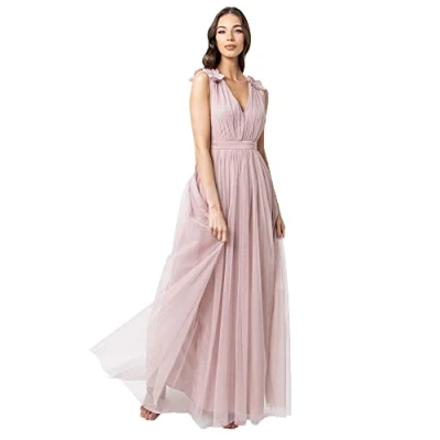 Image of Maya Deluxe Women&#039;s Ladies Maxi Dress with Ruffle V Neck Sleeveless High Empire Waist Long for Prom Guest Wedding Bridesmaid, Frosted Pink, 28