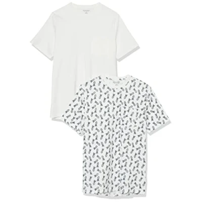 Image of Amazon Essentials Men&#039;s T Shirt Regular Fit Short Sleeve Crewneck Pocket, Pack of 2, Pineapple Print/White, XS