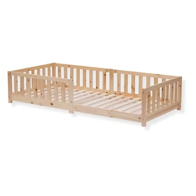 Image of ecoMI Children&#039;s Bed Including Fall Protection and Slatted Frame, 80 x 160 cm, Natural, Montessori Floor Bed, Solid Pine Single (Natural, cm)