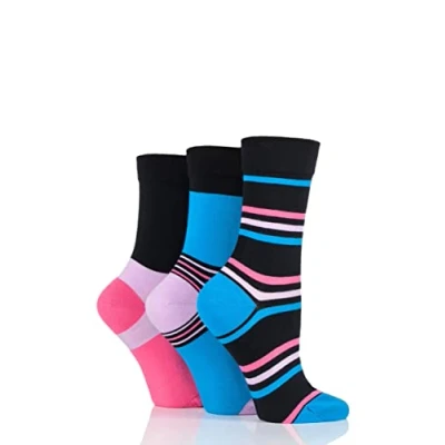 Image of 3 Pair Black / Bubblegum Gentle Bamboo Socks with Smooth Toe Seams in Plains and Stripes Ladies 4 8 SOCKSHOP