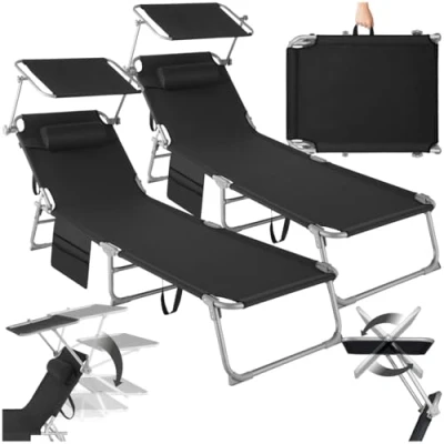 Image of TecTake® Set of 2 Folding Sun Loungers Adjustable 4 Position Backrest with Canopy &amp; Removable Head Cushion, Patio Garden Chairs Water Resistant Cover, Steel Frame Side Pocket Black