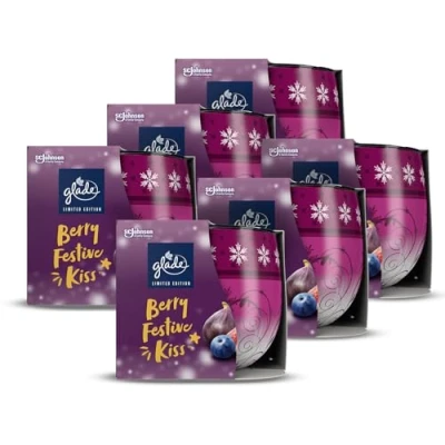 Image of Glade Jar Candle, Scented Candle Infused with Essential Oils, Up to 31 Hour Burn Time, Berry Festive Kiss, Pack of 6 (6 x 120g)