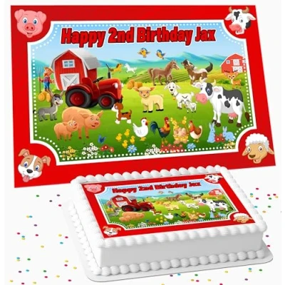 Image of FARM ANIMALS RECTANGLE BIRTHDAY PERSONALISED ICING EDIBLE COSTCO CAKE TOPPER DECORATION R1 7723