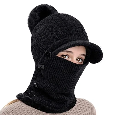 Image of TOEECY Winter Hats for Women Warm Face Mask Cap One Piece Scarf Set Soft Faux Fur Beanies Hat Outdoor Windproof Coldproof Cable Knitted Fleece Lined Adjustable Caps with Visor (Black)