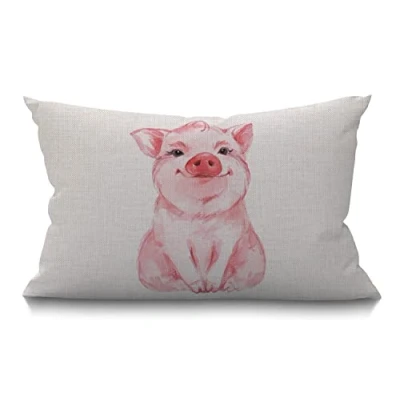 Image of BGBDEIA Pig Cushion Cover Lovely Pink Watercolor Cotton Linen Home Living Room Decorative Throw Pillow Cases 12x20 Inch Rectangle Waist Pillowcase 30 x 50 cm