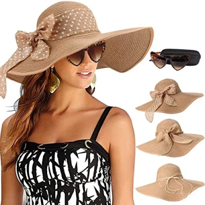 Image of DRESHOW Womens Big Bowknot Straw Hat Floppy Foldable Roll up Beach Cap Wide Brim Sun UPF 50+