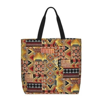 Image of ESASAM African Textile Patchwork Print Stylish And Versatile Single Shoulder Shopping Bag Lightweight Durable Polyester Tote