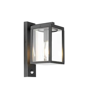 Image of Qazqa Outdoor Wall Lantern Black with Motion Sensor IP44 Charlois Garden Industrial Suitable for LED E27 1 Light Aluminium Security
